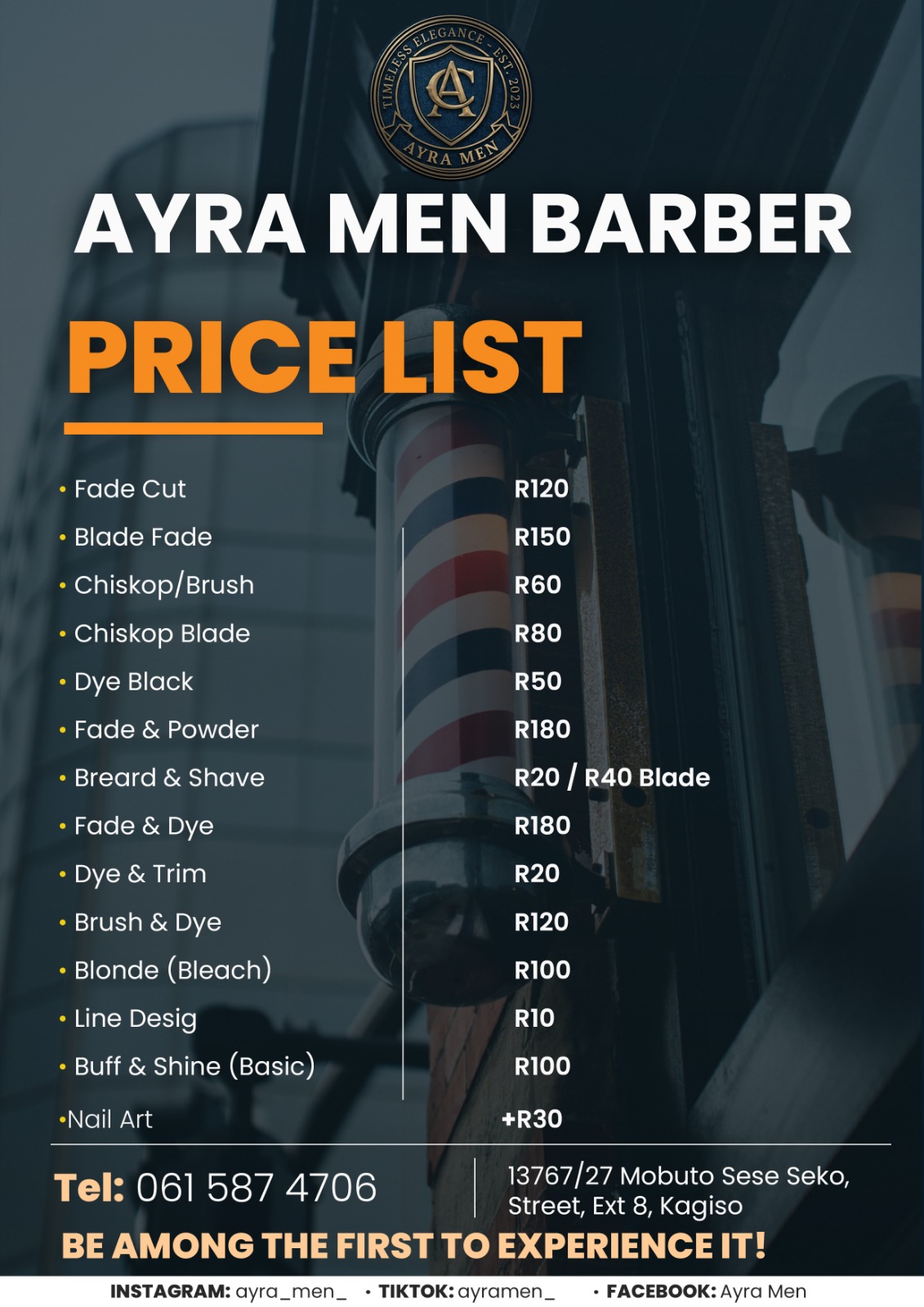 Ayra Men barber price list